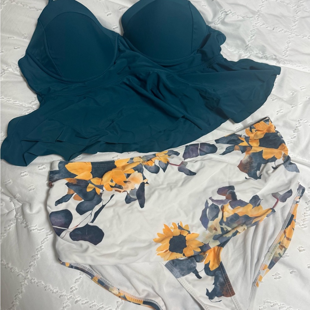 Teal Bikini Top with Floral High-Waisted Bottoms
